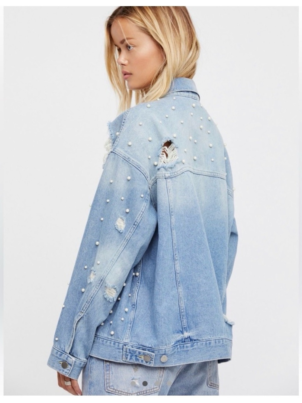 Free People Sunday Funday Light Wash Distressed Denim Jacket with Pearl Studs - Picture 6 of 6